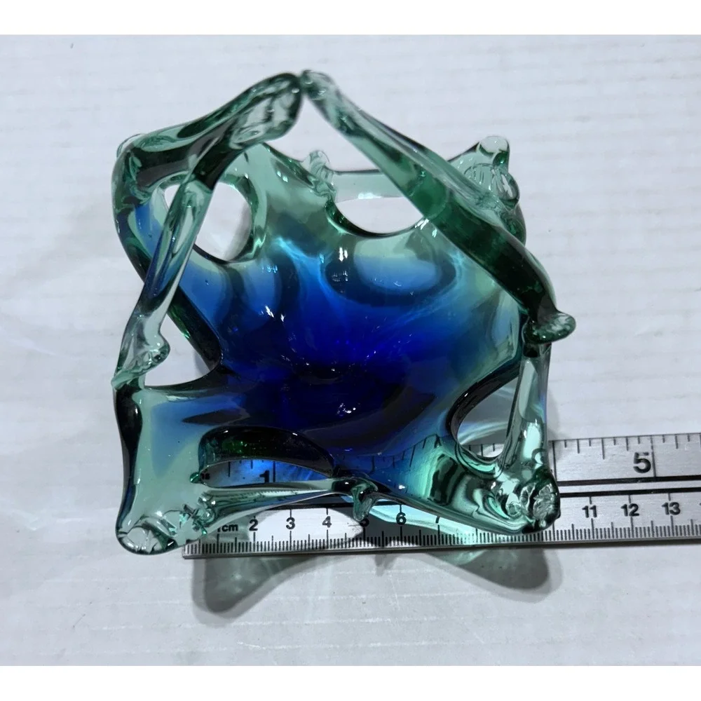 Vintage Murano Style MCM Blue‎ Green Art Glass Basket - Size 4.5 x 4.5 x 4